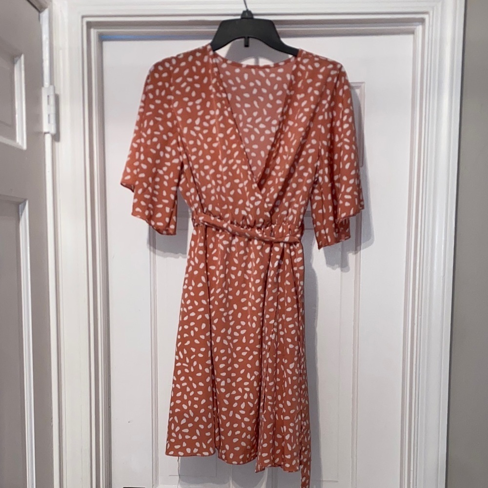Rust Orange Wrap Dress with White Print size medium